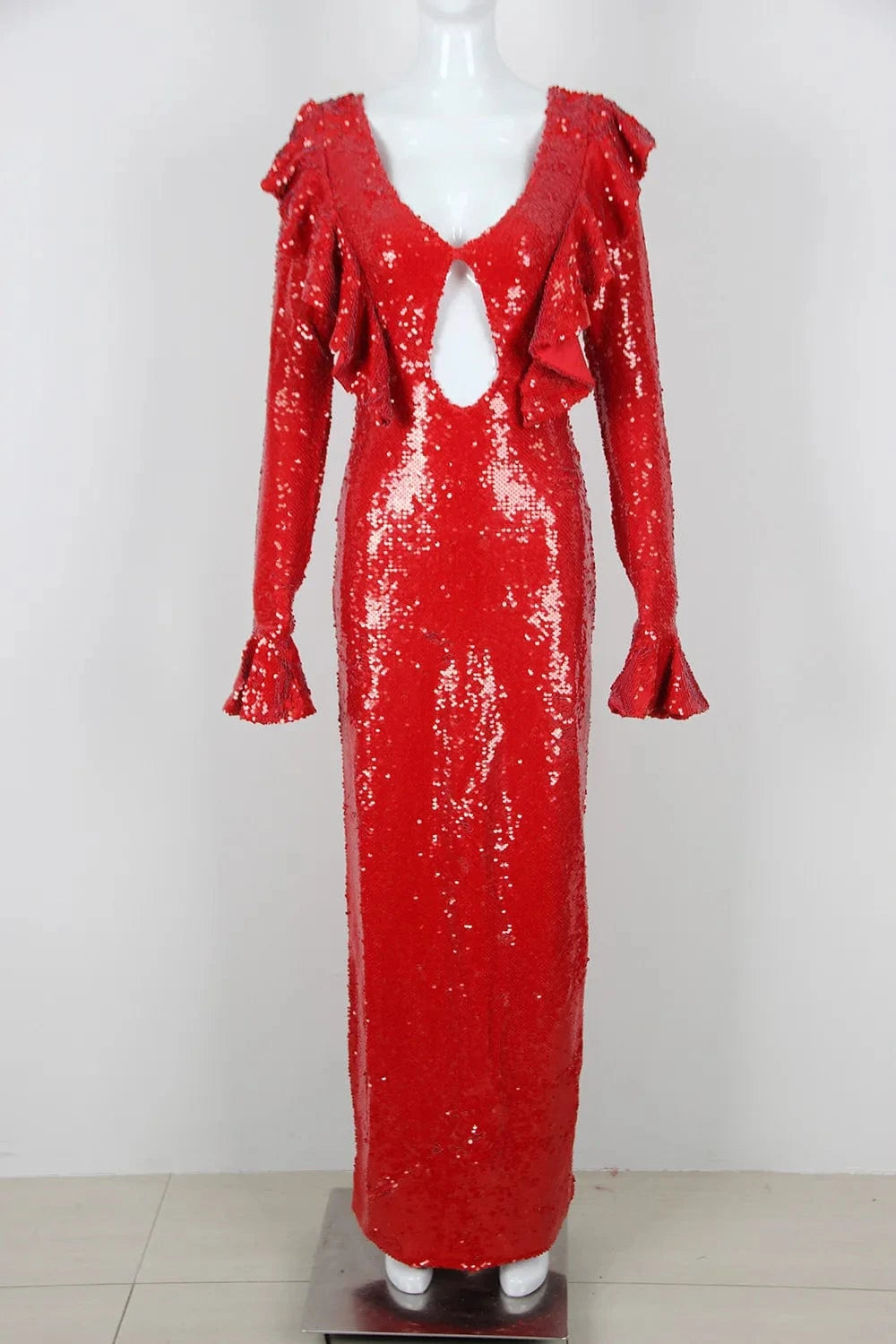 XS / Red New Fashion Elegant Red Hollow Out Dress Sequined Sexy Party Ladies Maxi Dresses For Women