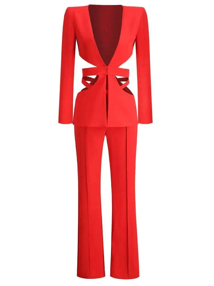 XS / Red New Fashion Sexy Cutout Women Clothing long sleeve  Red Blazer Suit For Women