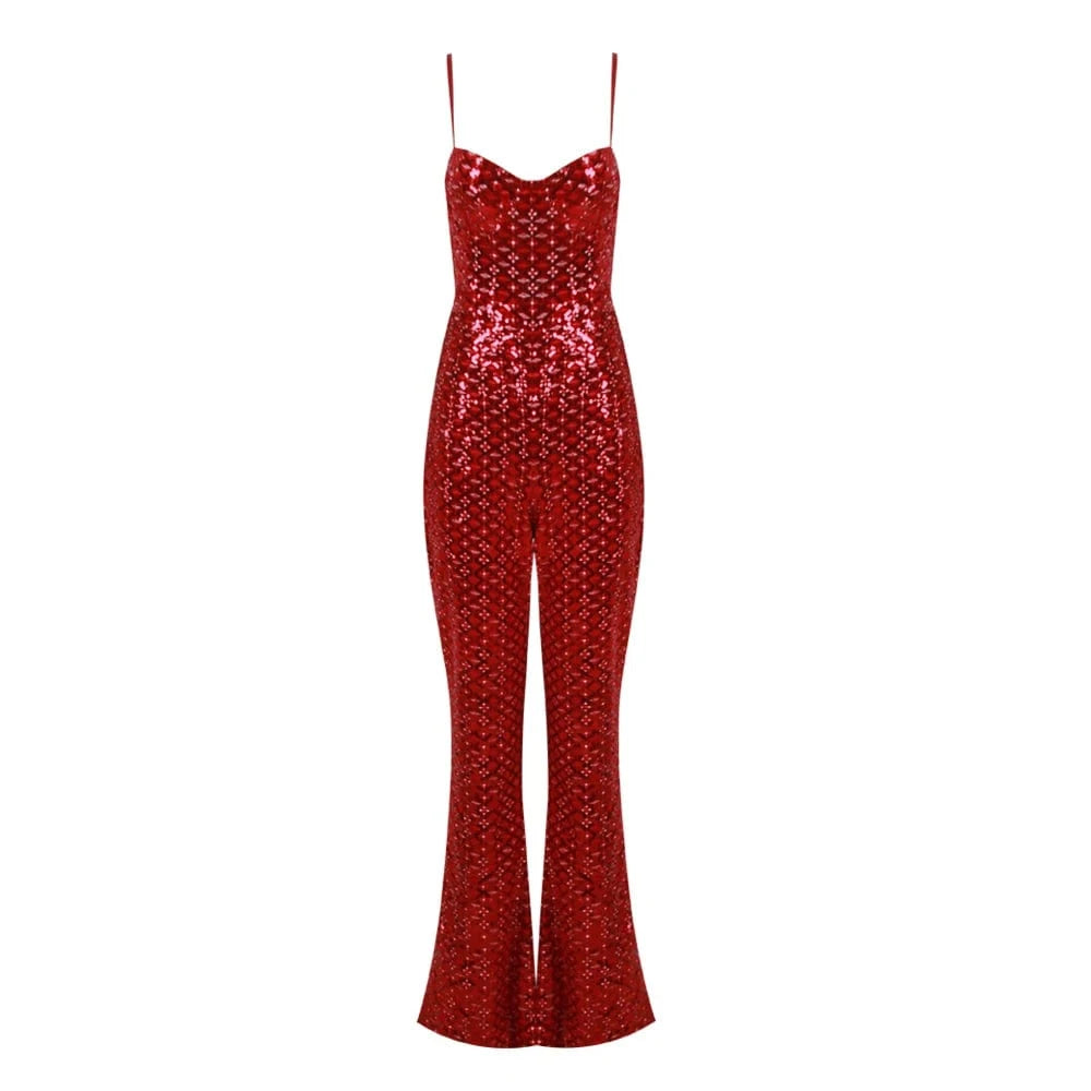 XS / Red New Fashion Women's Bodycon Sequined Backless Strap Sleeveless Strap Jumpsuit