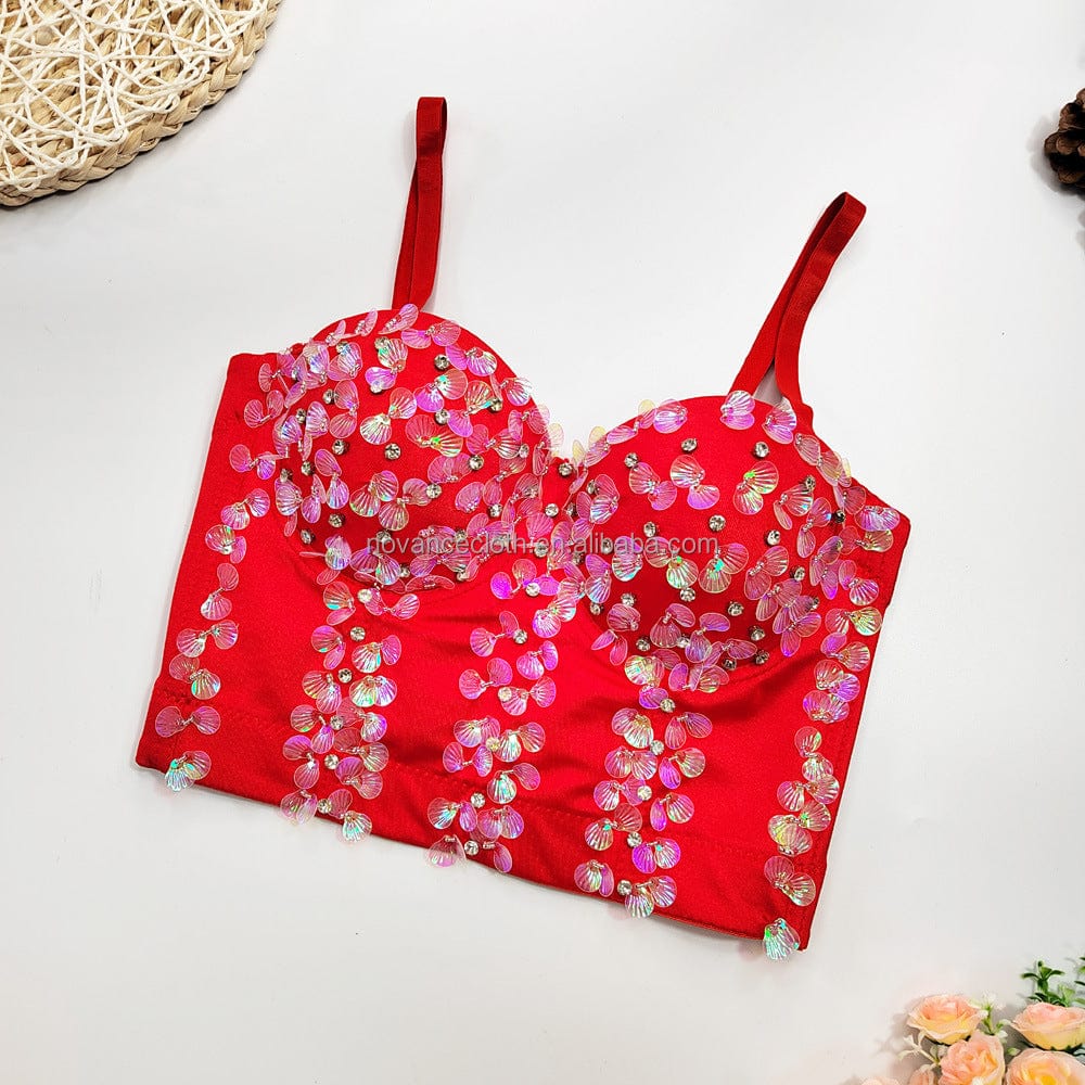 XS / Red NOVANCE Trending Products Black Shell Sequined Lingerie Wearing Hot Girl Top Rhinestone Beaded Fishbone Corset Top Bra For Women