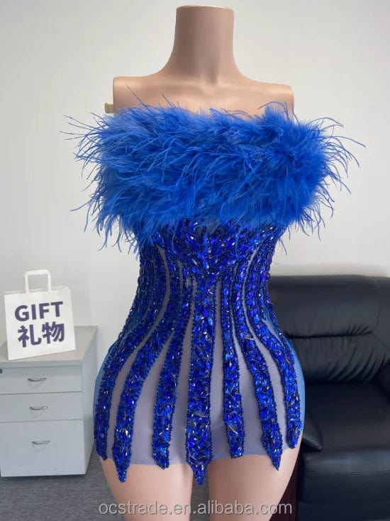 XS / TH0826073blue Ocstrade Off The Shoulder Glitter Full Body Rhinestone Blue Colour Club Dress Elegant Feather Birthday Dresses For Girls 21Th