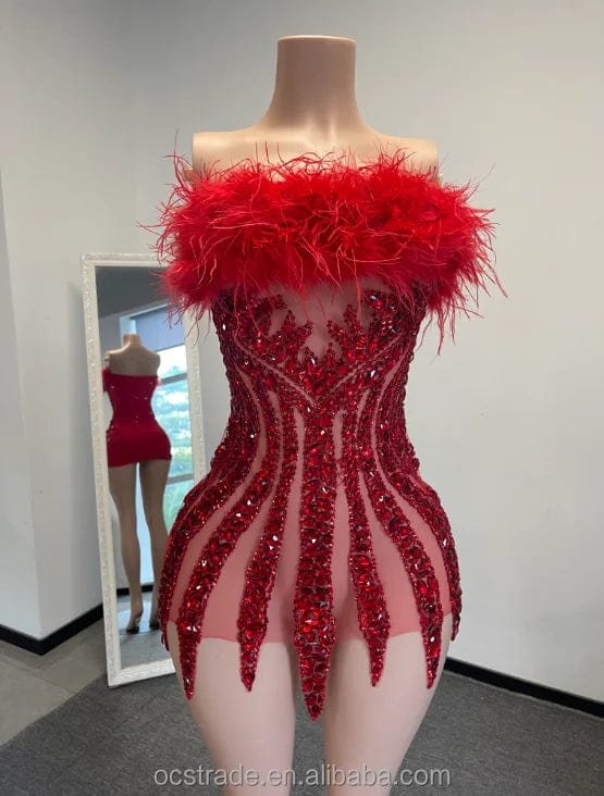 XS / TH0826073red Ocstrade Off The Shoulder Glitter Full Body Rhinestone Blue Colour Club Dress Elegant Feather Birthday Dresses For Girls 21Th