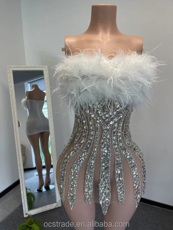 XS / TH0826073silver Ocstrade Off The Shoulder Glitter Full Body Rhinestone Blue Colour Club Dress Elegant Feather Birthday Dresses For Girls 21Th