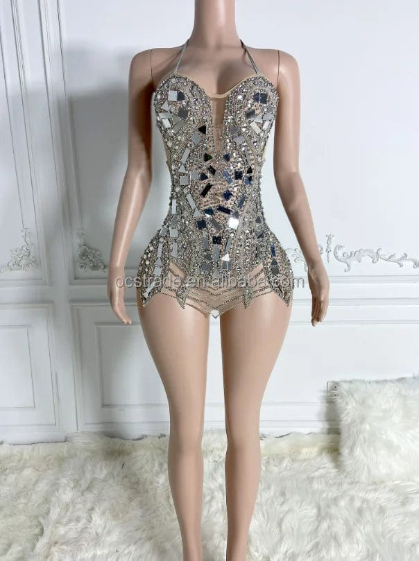 XS / TH0916056 silver Ocstrade New Style Sparkly Rhinestone Night Club Party Dress Sequined Halter Sexy Open Back Lace Up Bodycon Mini Prom Dress