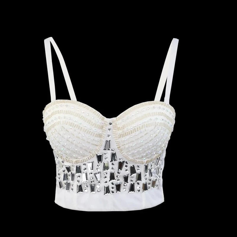 XS / White Factory Supply New Design Bar Women Rhinestone Corset Top Dance Camisole Sexy Tops For Women