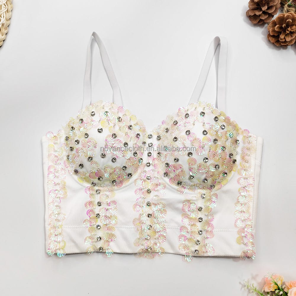 XS / White NOVANCE Trending Products Black Shell Sequined Lingerie Wearing Hot Girl Top Rhinestone Beaded Fishbone Corset Top Bra For Women