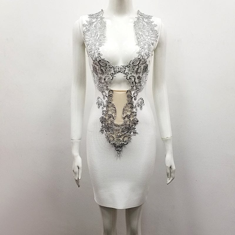 XS / White Top Quality Front Deep V-neck Hollow Out Slip Rayon Bandage Dress Night Club Party Dress