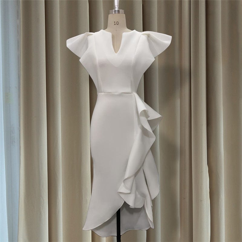 XS / White Tube Longos Vestidos Sexys Mujer Fashion Dress V-neck ruffled high waist large size slim irregular hem women's white dress