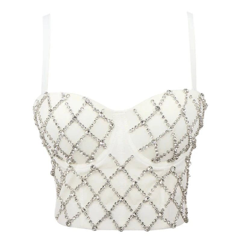 XS / White Wholesale mesh corset tops with diamonds Custom Sexy Back Snap Sling corsets tops for women