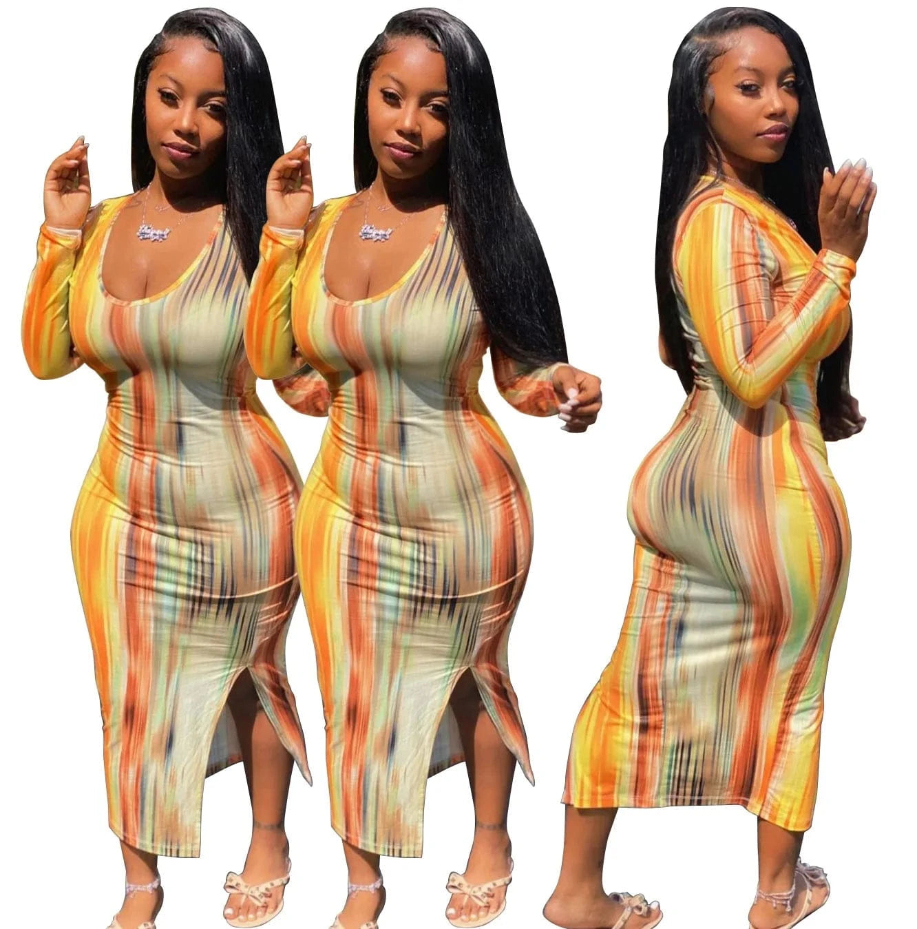 XS / Yellow XS clothing Long Sleeve Dress with Slit Stretch Tight Midi Ladies Dresses Casual Women Colorful Bodycon Cheap Woman Dress