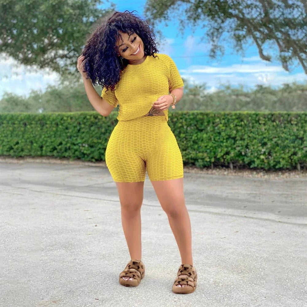 XS / Yellow XS XXXL Two Piece Short Suits Woman Clothing Workout Wear Jogging Outfits Tracksuit Summer 2 Piece Sport Set For Women