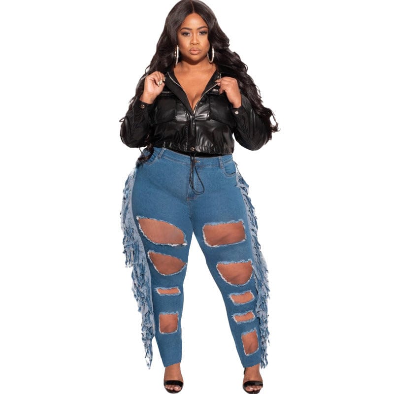 xxl 1 / Medium Blue Plus Size Clothing Pierced Tassels Trend Large Breathable Jeans 2022 Womens Jeans Pants