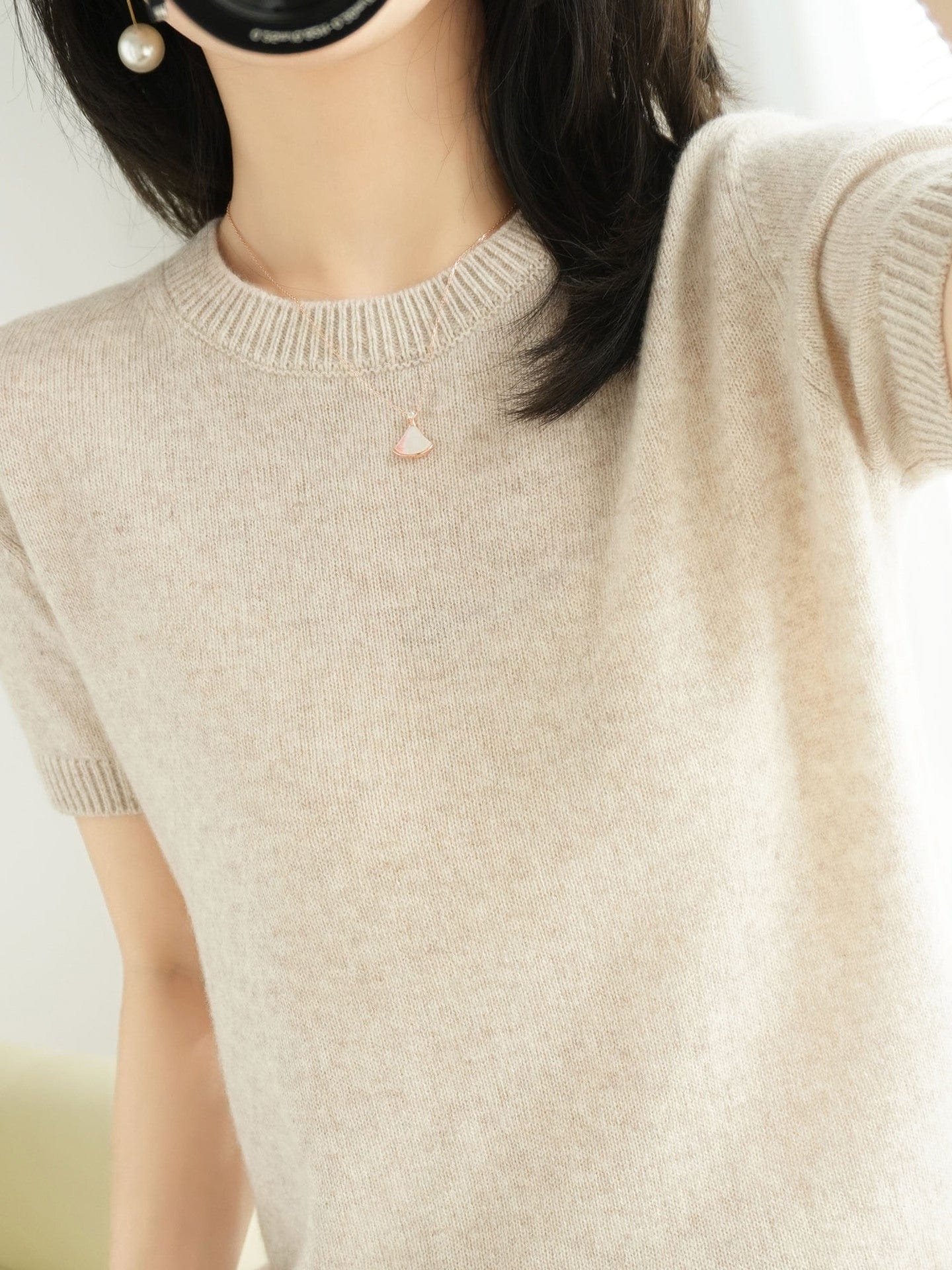 XXL / Beige Pullover Women's Non-Cashmere Round Neck Short Sleeve Loose T-Shirt Inner Sweater Bottoming Spring Autumn Top