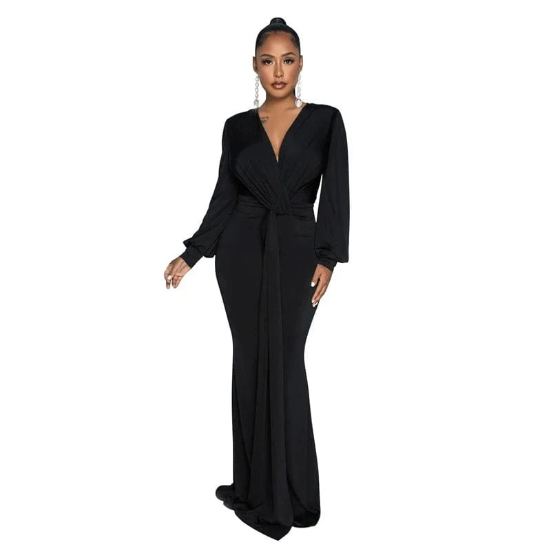 XXL / Black 2024 latex women bandage black gowns evening dress formal elegant long sleeve deep v neck maxi evening dress with long sleeves