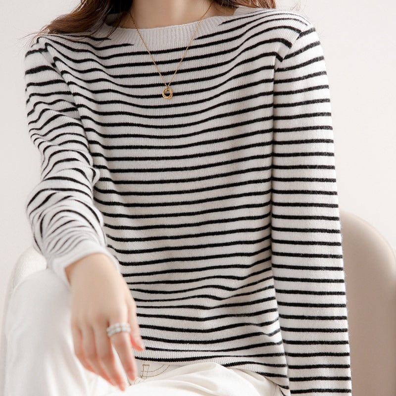 XXL / Black and beige stripe 2022 Sweater Women's Long-Sleeved Round Neck Loose Color Matching Base Shirt Wholesale