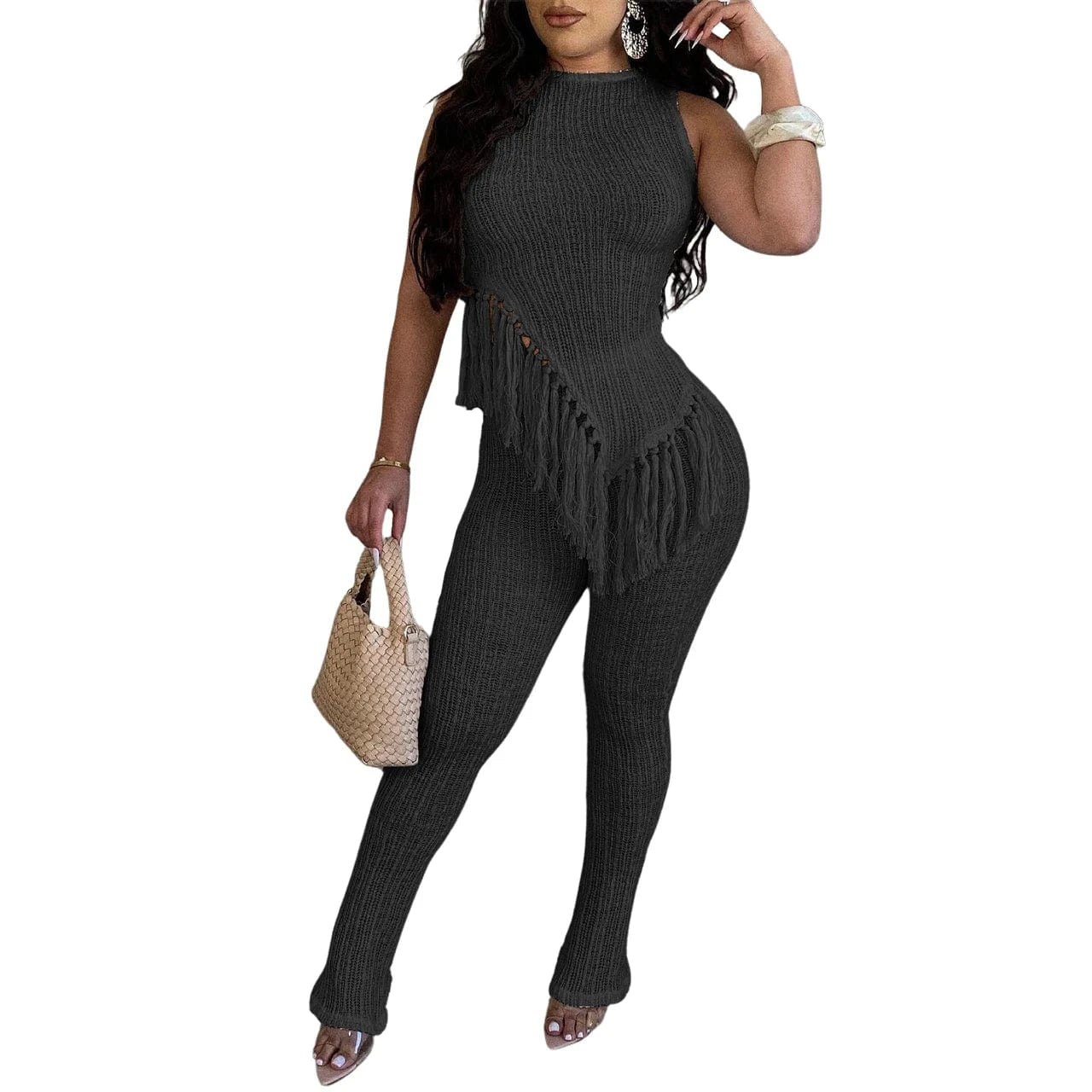 XXL / Black European and American women's 24 spring and summer new irregular knitted tassel vest trousers two-piece set