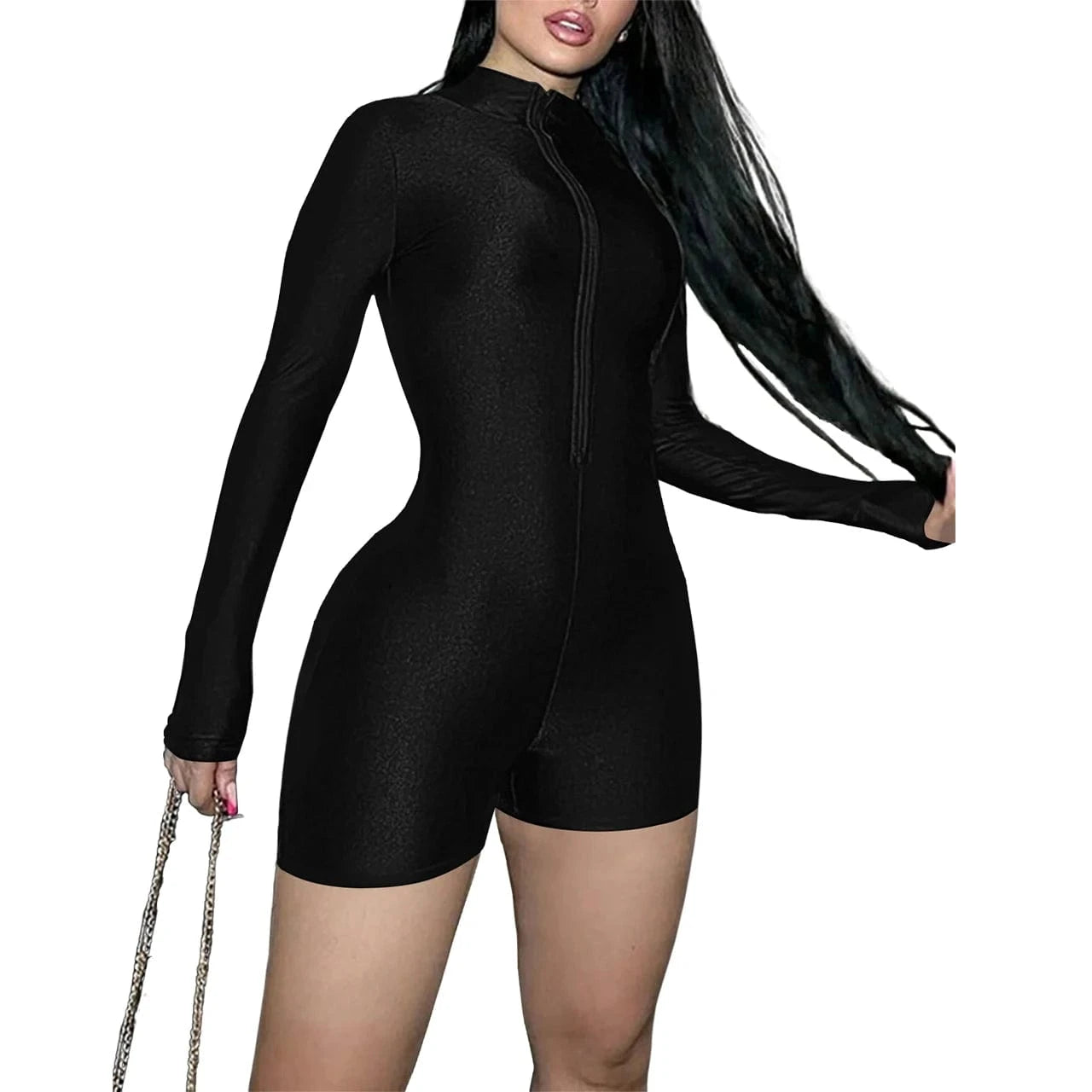 XXL / Black European and American women's spring and summer new zipper slim long-sleeved sexy jumpsuit