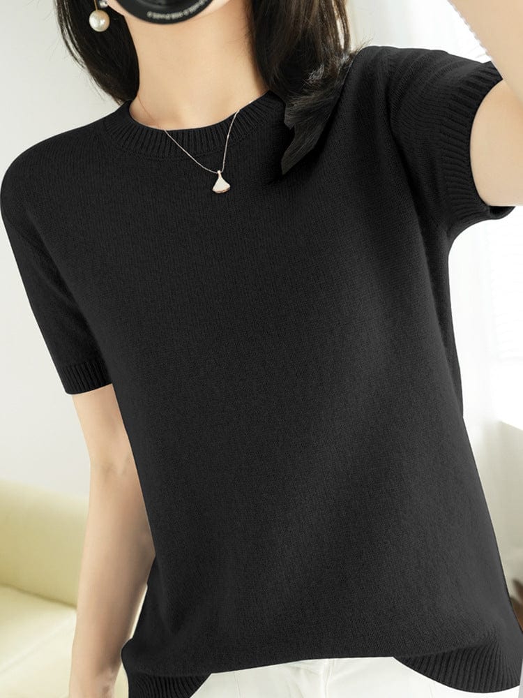 XXL / black Pullover Women's Non-Cashmere Round Neck Short Sleeve Loose T-Shirt Inner Sweater Bottoming Spring Autumn Top