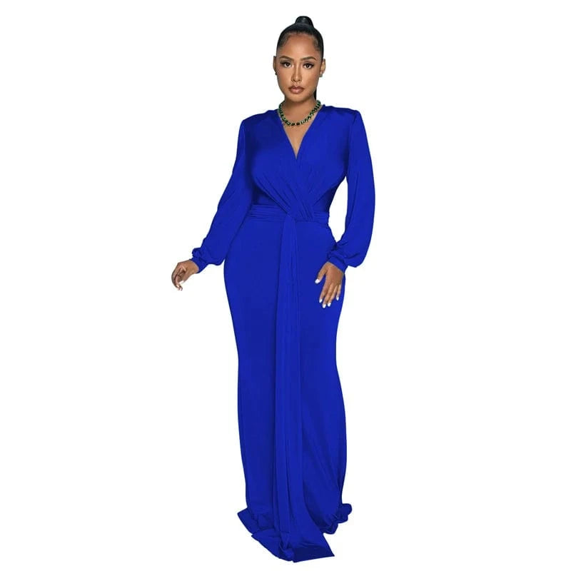 XXL / Blue 2024 latex women bandage black gowns evening dress formal elegant long sleeve deep v neck maxi evening dress with long sleeves