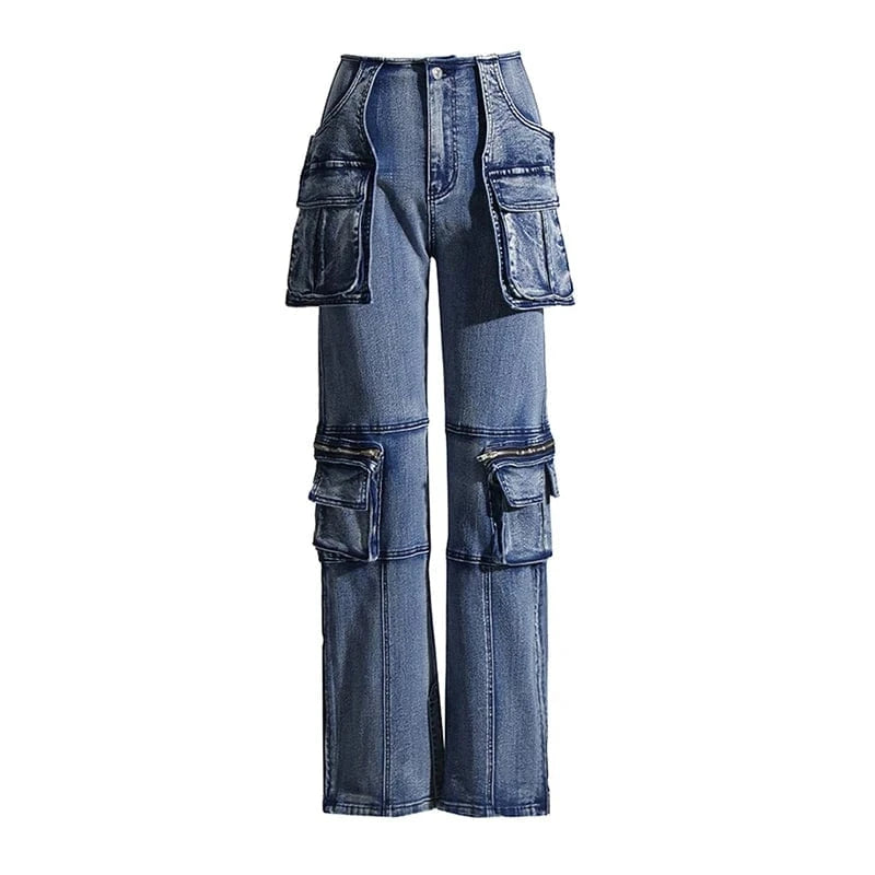 XXL / Blue CHICEVER Fashion Patchwork Button High Waist High Quality Denim Trousers Wholesale Women Jeans