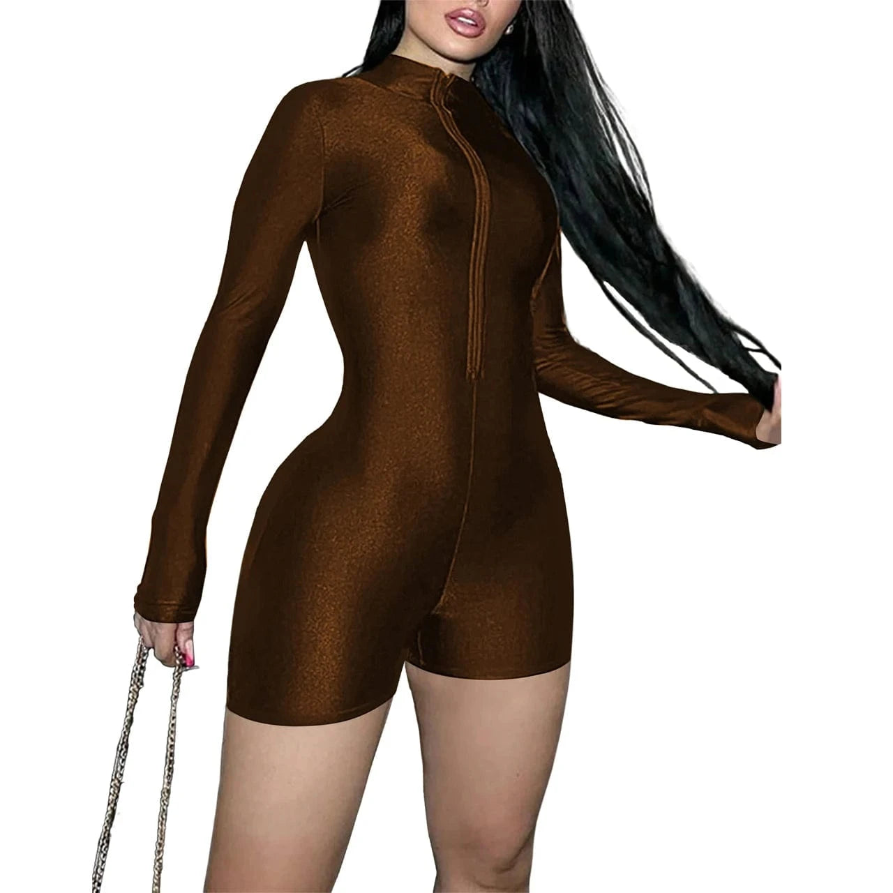 XXL / Brown European and American women's spring and summer new zipper slim long-sleeved sexy jumpsuit