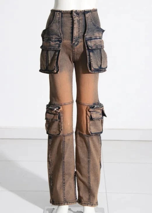 XXL / COFFEE CHICEVER Fashion Patchwork Button High Waist High Quality Denim Trousers Wholesale Women Jeans