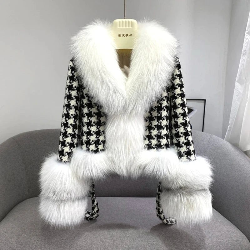 XXL(cost bust 112cm) / White Fox Hot Sale Winter Custom Short Style Women Cashmere Wool Coat with Fox Fur Collar