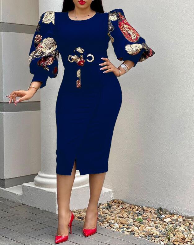 XXL / Dark blue Autumn Bodycon Bowtie Printing African Women Office Career Dresses