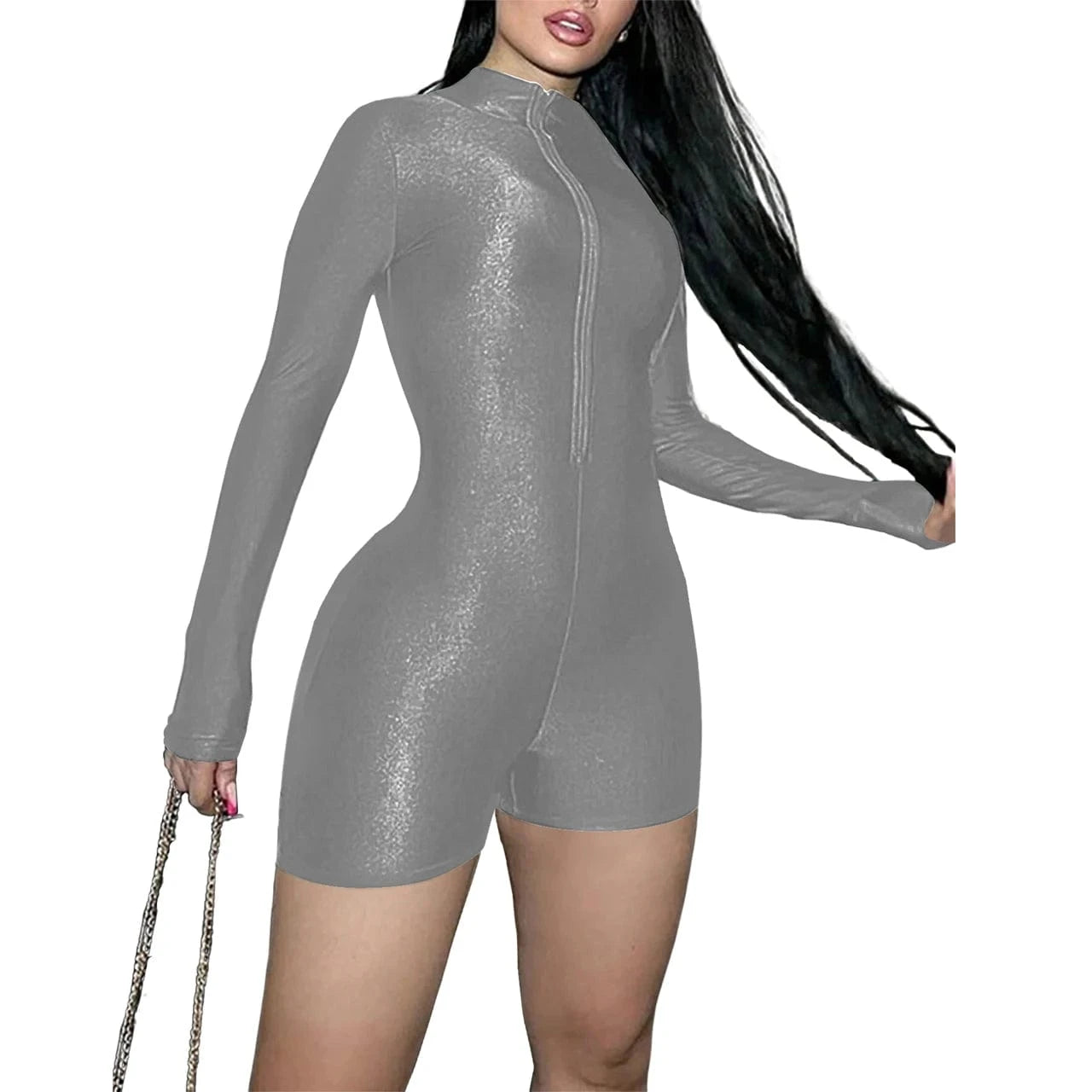 XXL / Gray European and American women's spring and summer new zipper slim long-sleeved sexy jumpsuit