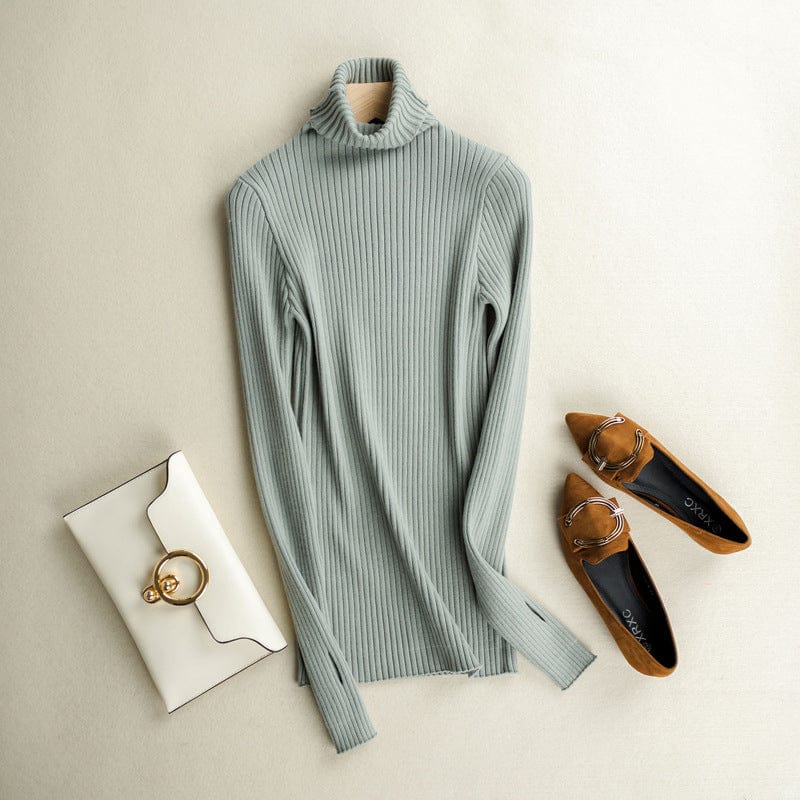 XXL / Gray Green Pile Collar Drawstring Sweater Pullover Short Slim Bottoming Large Size Turtleneck Thick Women