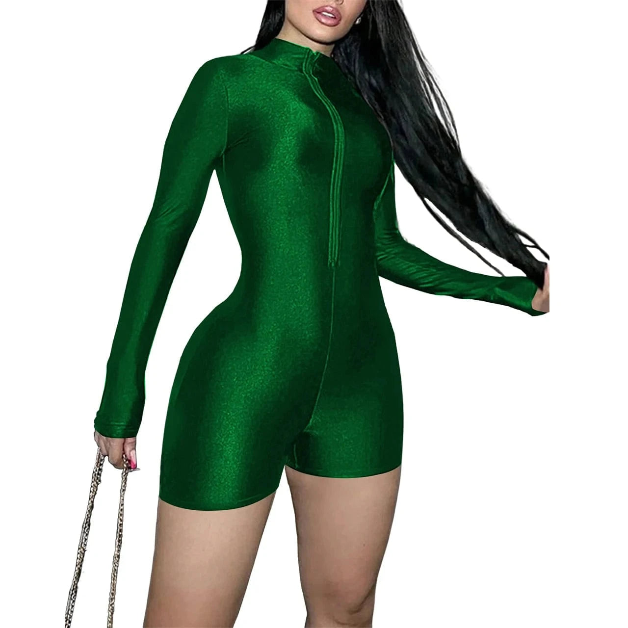XXL / green European and American women's spring and summer new zipper slim long-sleeved sexy jumpsuit