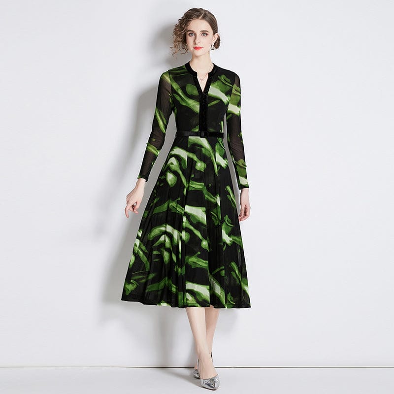 XXL / green New mesh long sleeve dress retro color character v-collar temperament closed waist long skirt ZY8525078