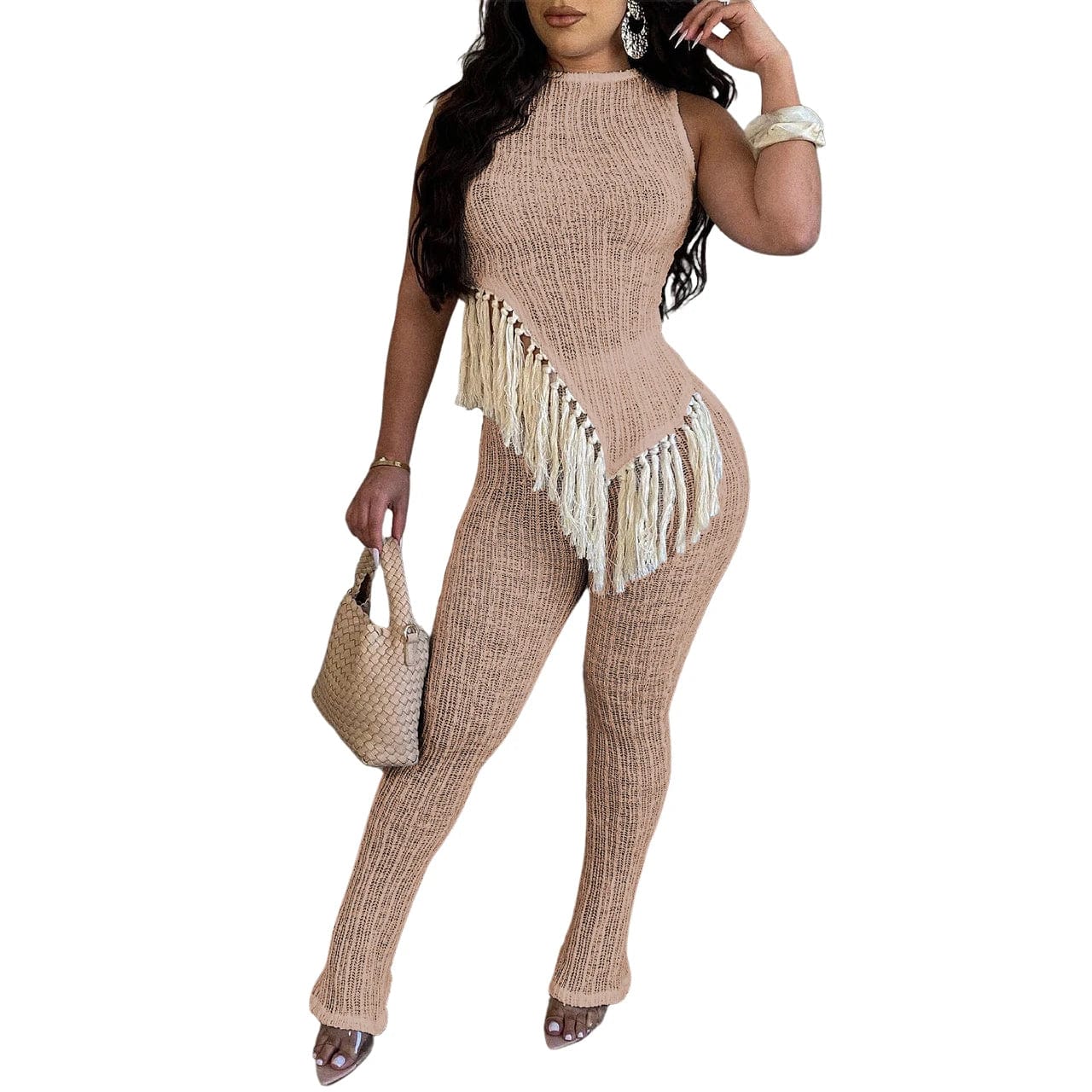 XXL / Khaki European and American women's 24 spring and summer new irregular knitted tassel vest trousers two-piece set