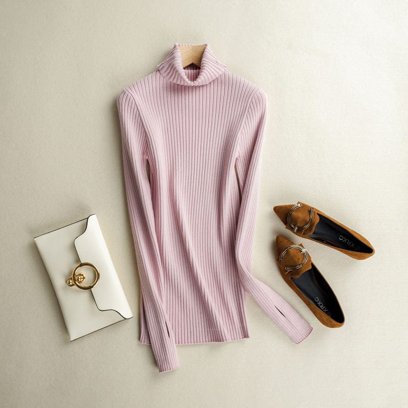 XXL / Lilac pink Pile Collar Drawstring Sweater Pullover Short Slim Bottoming Large Size Turtleneck Thick Women