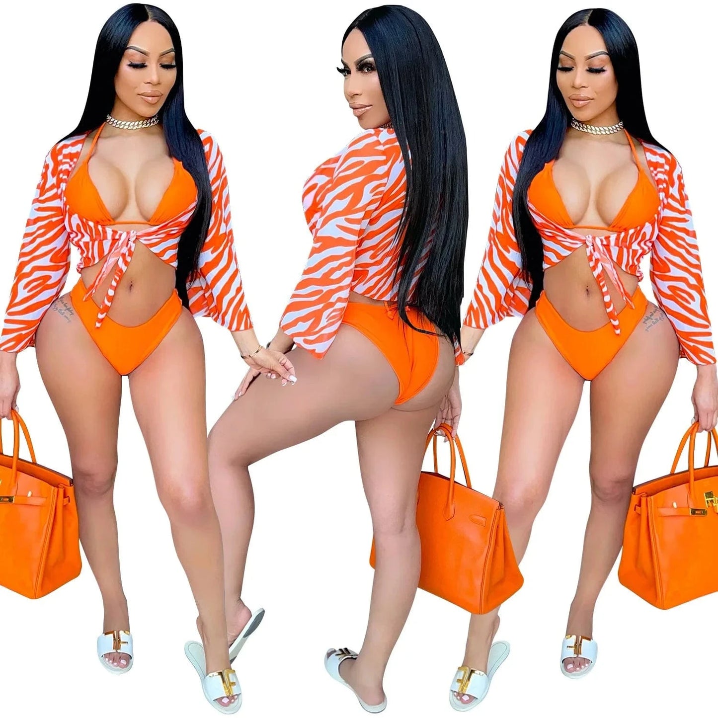 XXL / Orange Hot Girl 3 Piece Triangle Bikinis Sets Sexy Leopard Women Bathing Suits Swimsuit Ladies Cover Up Beachwear Three Piece Outfit