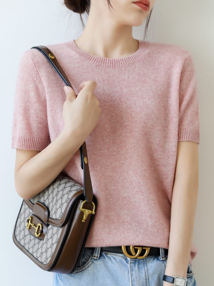 XXL / Pink Pullover Women's Non-Cashmere Round Neck Short Sleeve Loose T-Shirt Inner Sweater Bottoming Spring Autumn Top