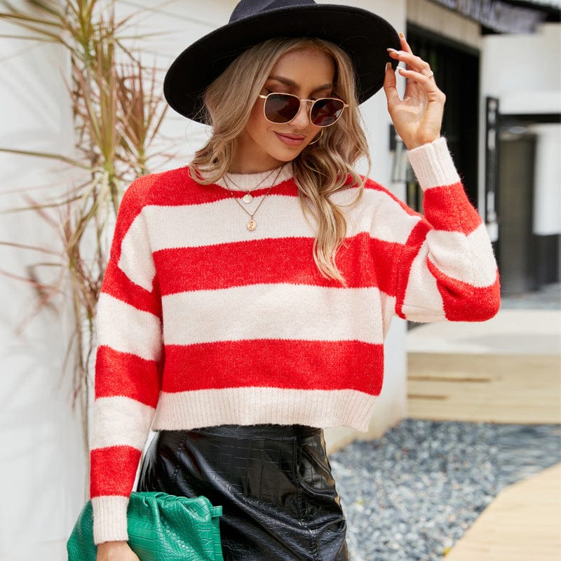 XXL / Red and white stripes Women's Top Short Round Neck Knitwear Outer Wear Striped Contrast Color Mohair Sweater