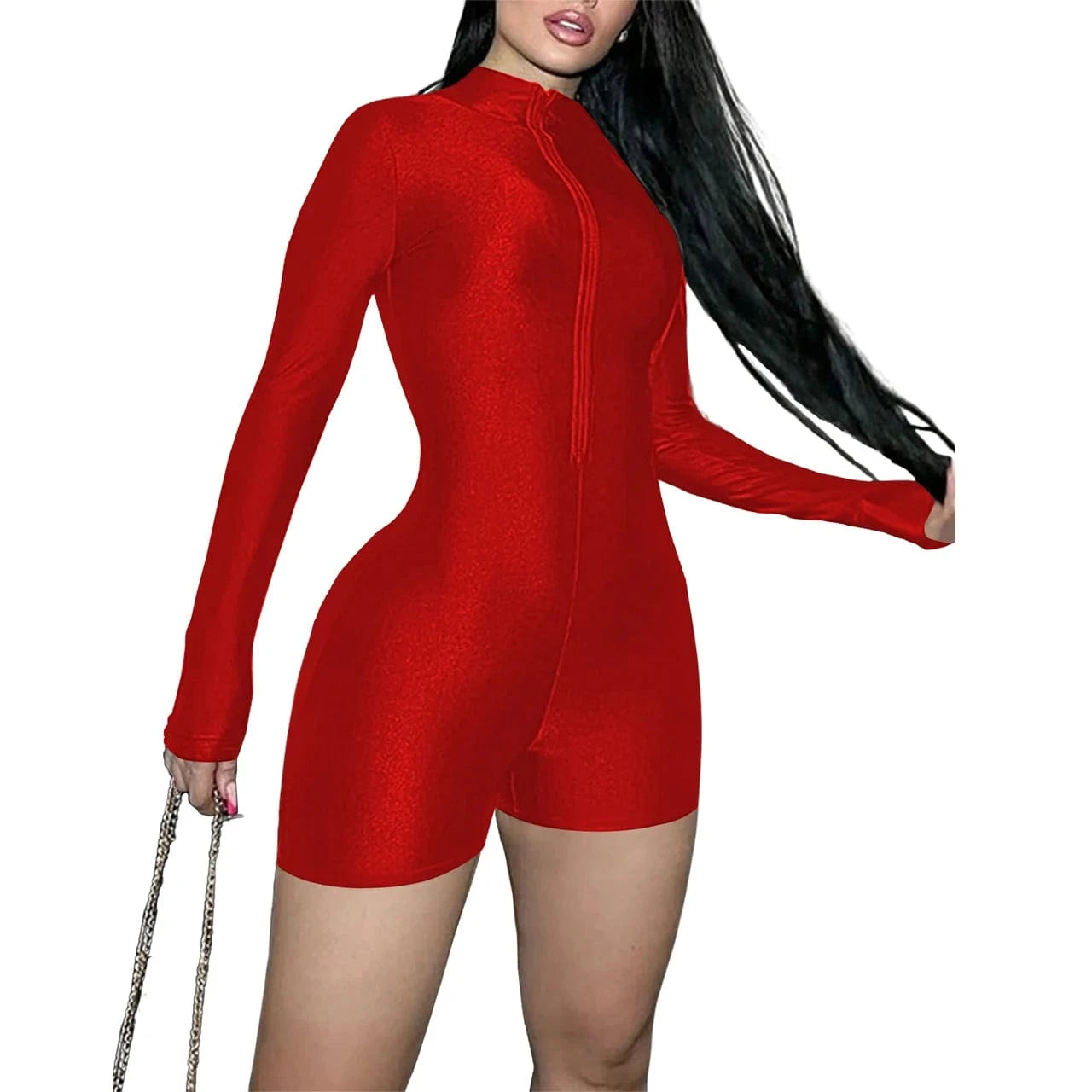 XXL / Red European and American women's spring and summer new zipper slim long-sleeved sexy jumpsuit