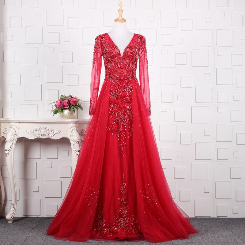 XXL / Red / Floor Length Feishiluo Luxurious Long sleeves   Bead Prom Dress A-line  Evening Dress  For Girl Fashion Party Dress