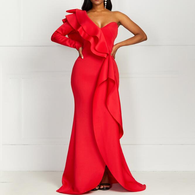 XXL / Red Sexy One Shoulder Backless Asymmetrical Red Maxi Women Evening Dresses
