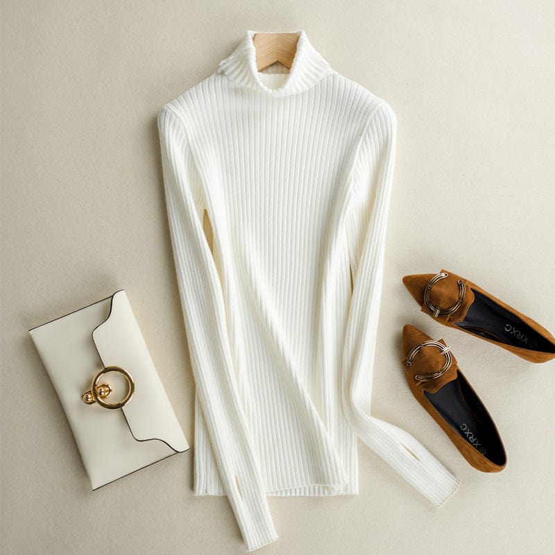 XXL / White Pile Collar Drawstring Sweater Pullover Short Slim Bottoming Large Size Turtleneck Thick Women