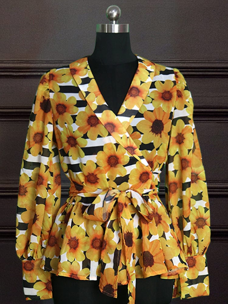 XXL / Yellow 2022 Spring Sexy Yellow Autumn Printed See Through V Neck Women Blouse