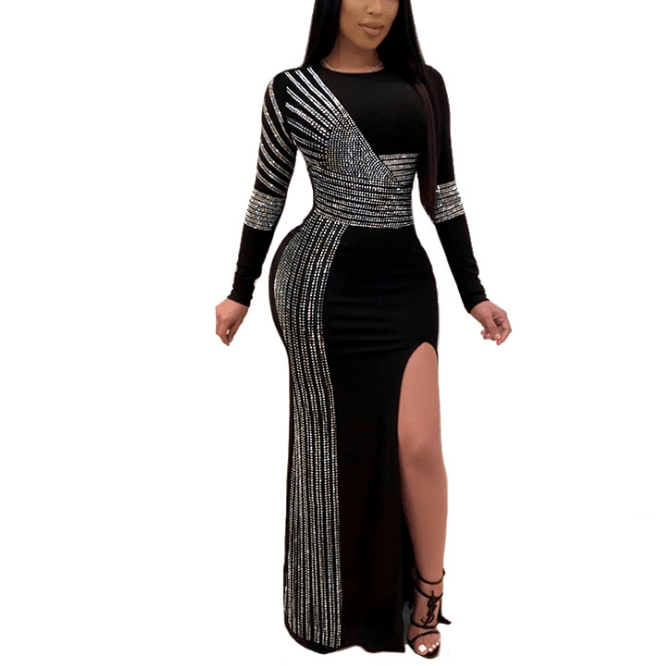 XXXL / black Autumn Bodycon Sexy Full Sleeve Pencil Long Beading Lady Prom Dress