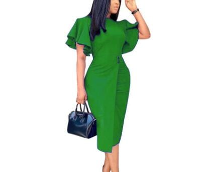 XXXL / green Bodycon Elegant Ruffles Sleeve Button Round Neck Career Dress Ladies