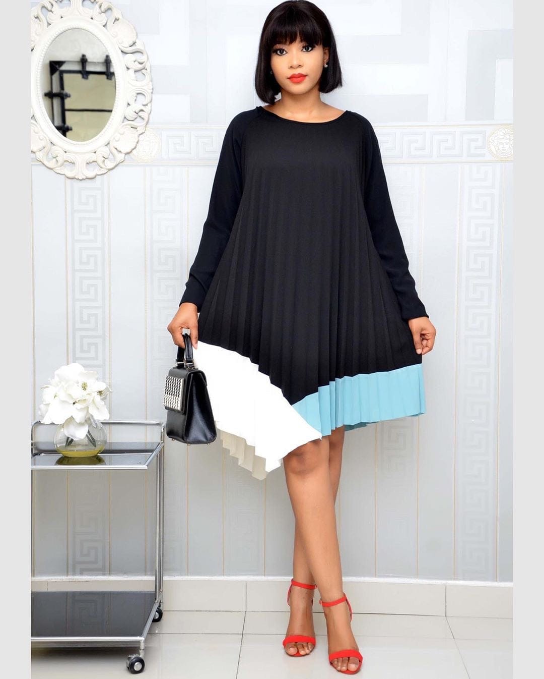 XXXL / Sky Blue Sweet Autumn Three Colors Patchwork Pleat Women Mini Casual Dresses