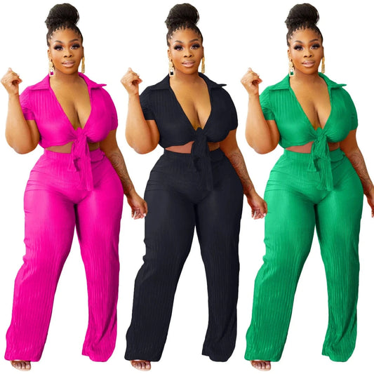 Y1897 Women Lace-Up Crop Top and Pleated Wide-Leg Pants Two-Piece Set