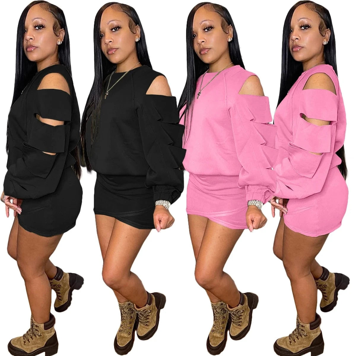 Y2622 Solid Color Holes Hollow Out 2 Piece Skirt Set