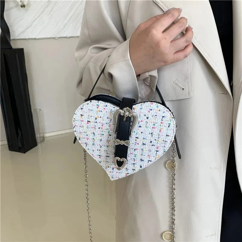 Y2K Fashion Love Heart Crossbody Bags For Women New Woolen Tweed Shoulder Bag Sweet Ladies Handbags Designer Women Clutch Bags