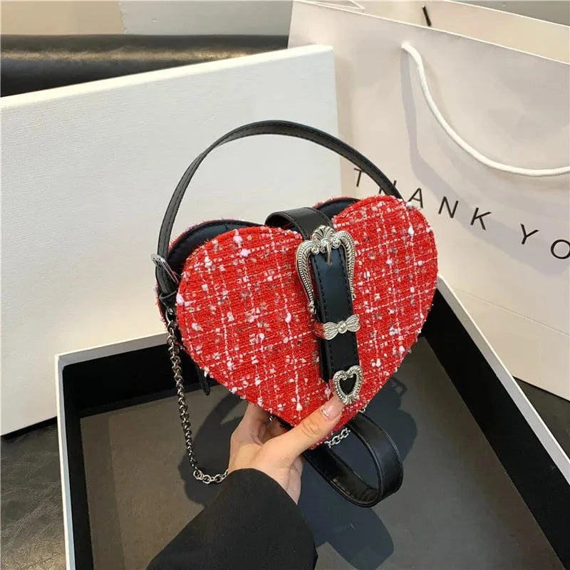 Y2K Fashion Love Heart Crossbody Bags For Women New Woolen Tweed Shoulder Bag Sweet Ladies Handbags Designer Women Clutch Bags