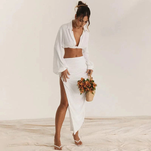 Y2K Solid White Long Sleeve Shirt Blouses Sexy Two piece 2023 Skirt Sets Womens Fall Outfits